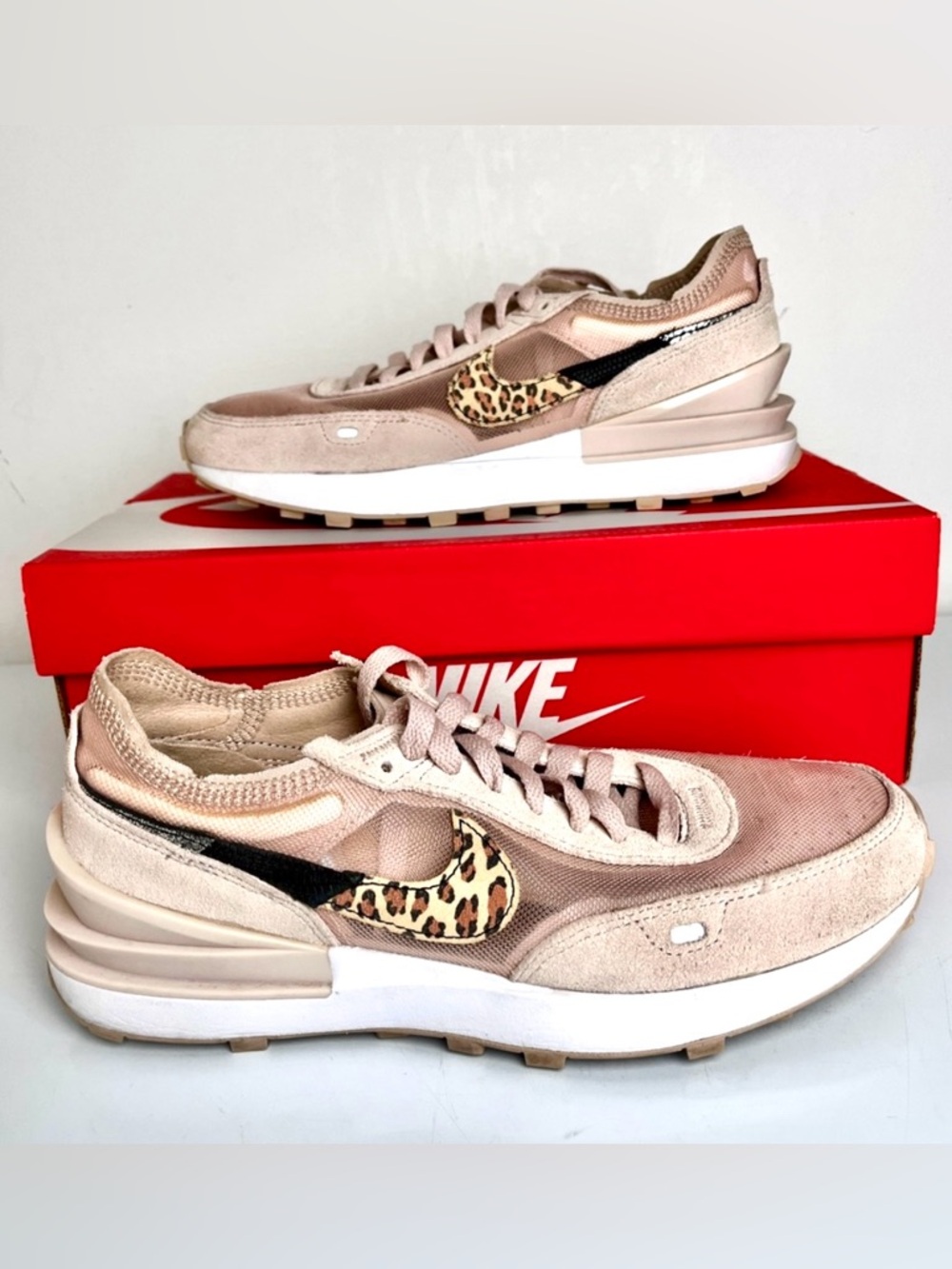 Nike Waffle One Fossil Stone Leopard Sneakers Size 8 Neutral Suede Mesh Trainers